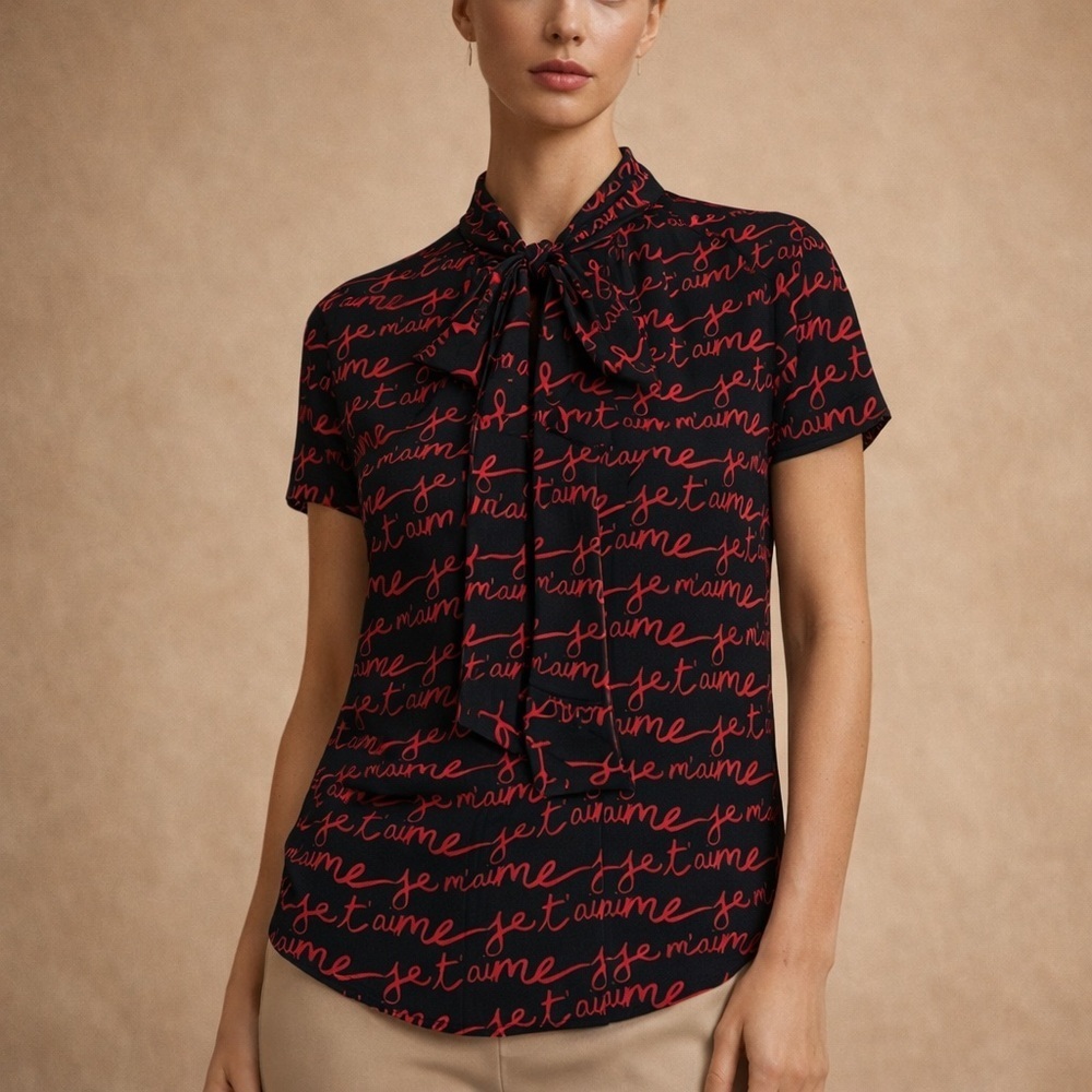 Milly Black Red “Je T’aime” Script Print Silk Top Size S Designer
